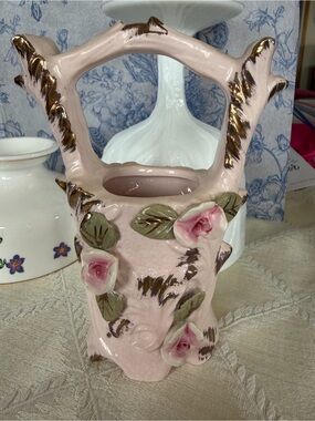 Vintage Japanese Porcelain Branch Basket Bud Vases